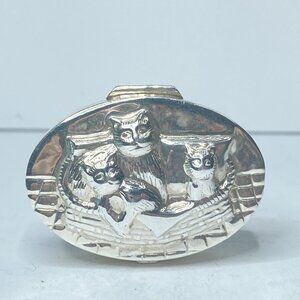 xSterling Silver 925 Vintage Oval Cat Cute Family Mini Pill Box Case 1 7/8" SS13